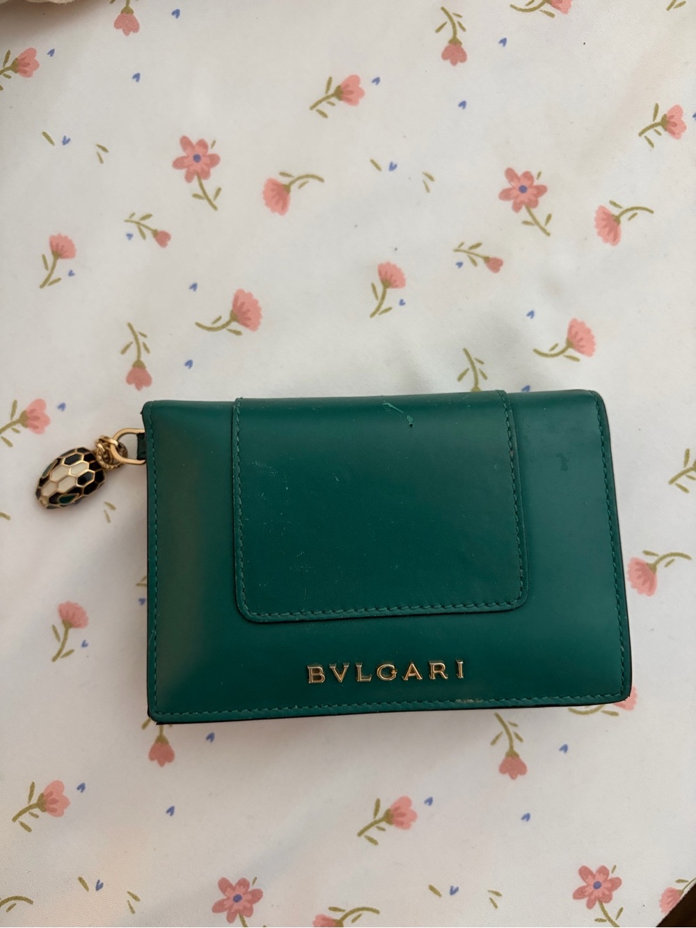 Bulgari Green Leather Wallet with Gold Logo